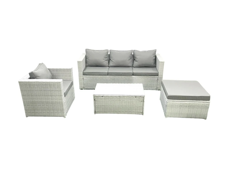 Image of Fimous Rattan Garden Furniture Set with 3 Seater Sofa Chair Rectangular Coffee Table Big Footstool Light Grey Mixed 5 Seater Light Grey
