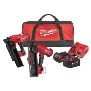 Image of M18 FPP2BE-522B 18V fuel Nailer Twin Kit With 1x 5.0Ah & 1x 2.0Ah Batteries - Milwaukee