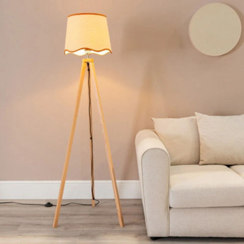 Image of ValueLights Barbro Light Wood Tripod Floor Lamp with Linen Scallop Edge Shade and LED Bulb Burnt Orange