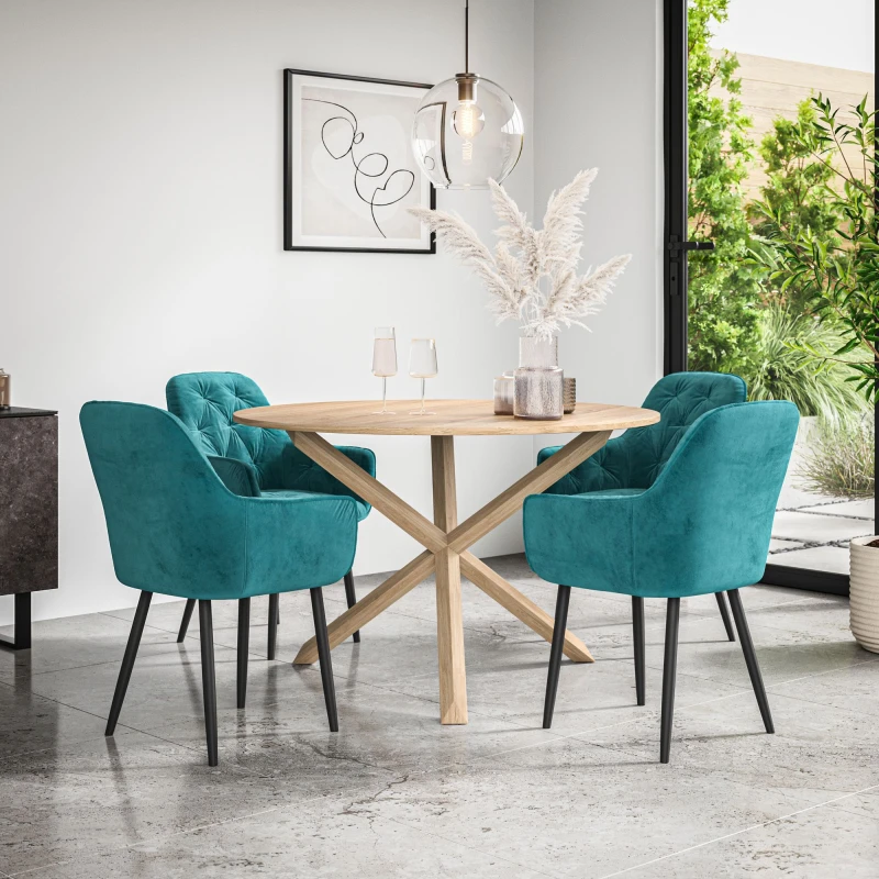 Image of More4Homes Malvern Round Dining Table And Chairs - Oak Table Top W Solid Oak Legs + Anika Velvet Dining Chair Set Of 4 (Blue)