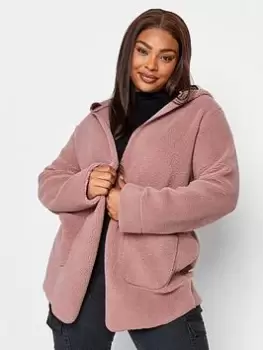 Image of Yours Pink Teddy Hooded Jacket, Pink, Size 20, Women