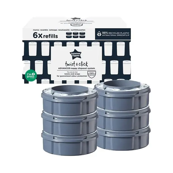 Image of Tommee Tippee Twist and Click Advanced Nappy Bin Refill Cassettes, Sustainably Sourced Antibacterial GREENFILM, Pack of 6