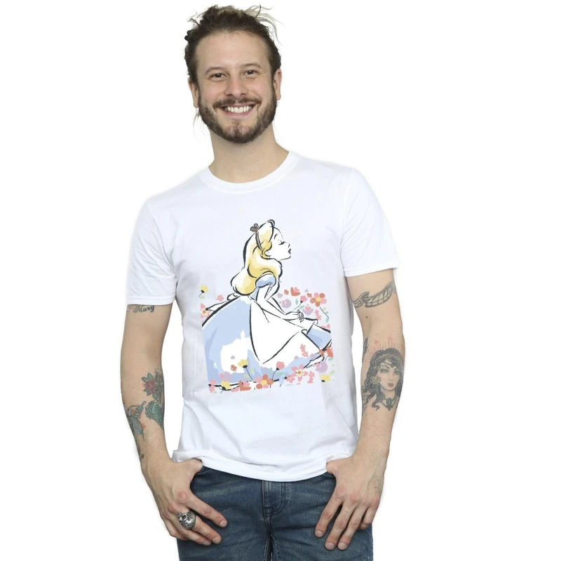 Image of Disney Men Alice In Wonderland Sketch Flowers T-Shirt in White Size: Small White S Male 5063283630093