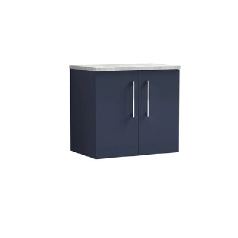 Image of Nuie Arno Wall Hung 2-Door Vanity Unit & Bellato Grey Laminate Worktop, Sleek Counter Top Vanity Unit In Midnight Blue, 600mm