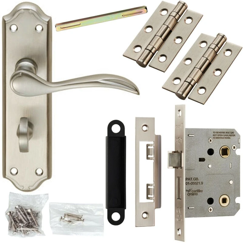 Image of Loops Door Handle & Bathroom Lock Pack Satin Chrome Victorian Curved Ornate Backplate Multi