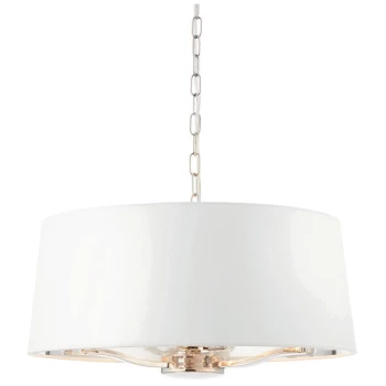 Image of Endon Collection Lighting - Multi Arm Cylindrical Pendant Light Bright Nickel Plate, Vintage White Fabric