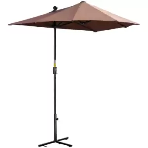 Image of Outsunny 2m Half Parasol Market Umbrella Garden Balcony Parasol with Crank Handle, Base, Double-Sided Canopy, Coffee