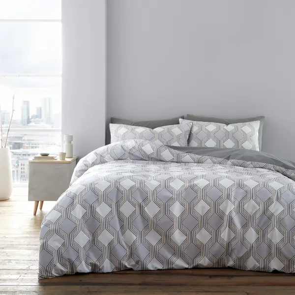 Image of Bianca Atticus Geometric 200 Thread Count Cotton Grey Duvet Cover and Pillowcase Set Grey
