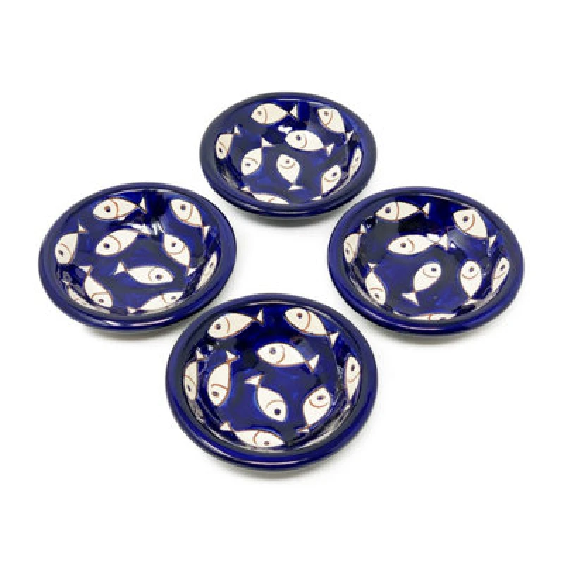 Image of Verano Spanish Ceramics Signature Blue & White Fish Hand Painted Ceramic Set Of 4 Tapas Bowls (Diam) 10Cm