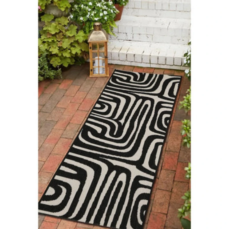 Image of Melrose County Zebra Black Design Flatweave Indoor Outdoor Runner Area Rug 10mm Pile Height - 67/300Cm