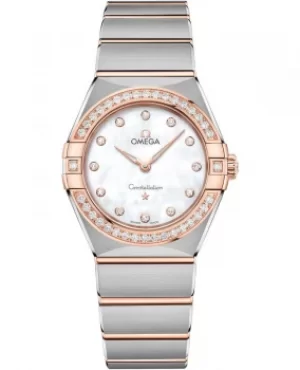 Image of Omega Constellation Manhattan Quartz 28mm Mother of Pearl Dial Diamond Rose Gold and Stainless Steel Womens Watch 131.25.28.60.55.001 131.25.28.60.55