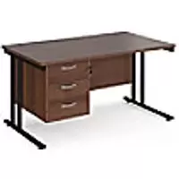 Image of Rectangular Straight Desk with Cantilever Legs Walnut Wood Black Maestro 25 1400 x 800 x 725mm 3 Drawer Pedestal