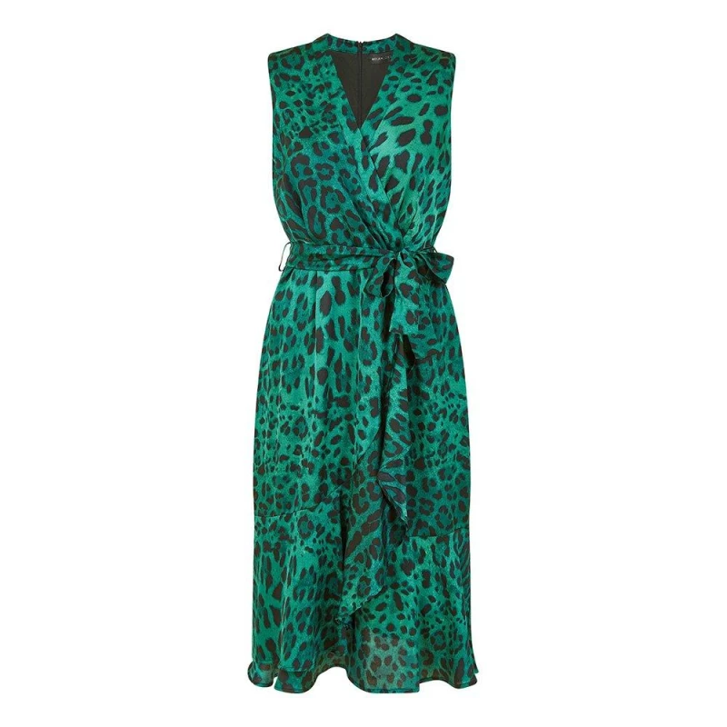 Image of Mela London Mela London Green Animal Print Satin Wrap Midi Dress Green 8