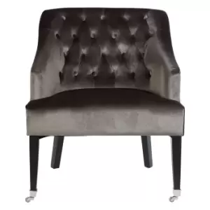Image of Grey Velvet Button Back Chair with Rubberwood Legs and Caster Feet