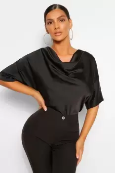 Image of Satin Cowl Neck Short Sleeve Blouse