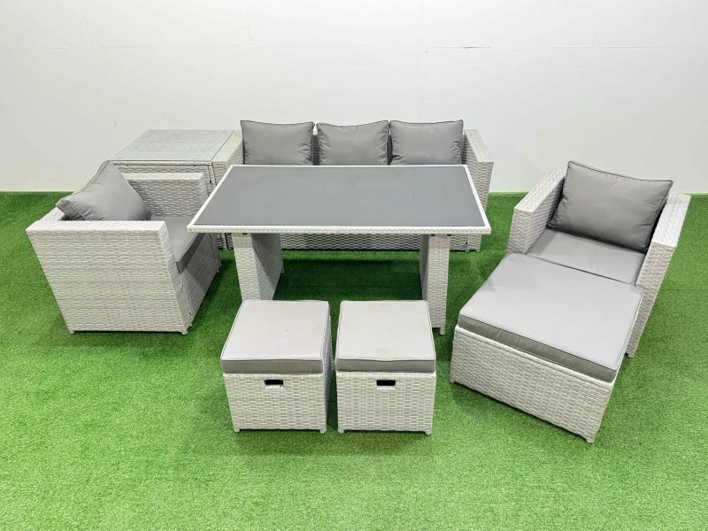 Image of Fimous Garden Furniture Sets with Black Glass Top Dining Table 3 Seater Sofa in Light Grey Light Grey Unisex