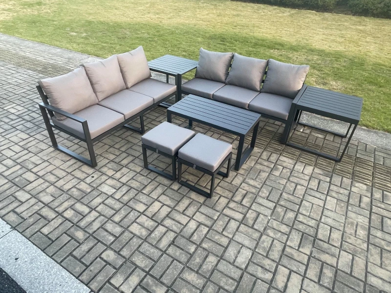 Image of Fimous Aluminium Patio Outdoor Garden Furniture Lounge Sofa Set with Oblong Coffee Table 2 Small Footstools 2 Side Tables Dark Grey Dark Grey Unisex