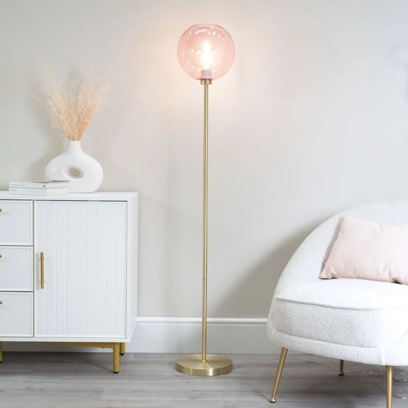 Image of ValueLights Frenchie Pink Tinted Glass Globe Gold Stem Floor Lamp with LED Bulb Pink
