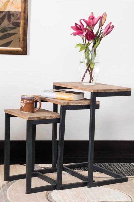 Image of FWStyle Urban Design Modern Nest Of 3 Firewood Metal Nesting Table Brown