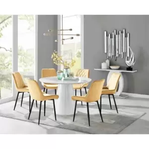 Image of Furniture Box Palma White High Gloss Round Dining Table and 6 Mustard Pesaro Black Leg Chairs