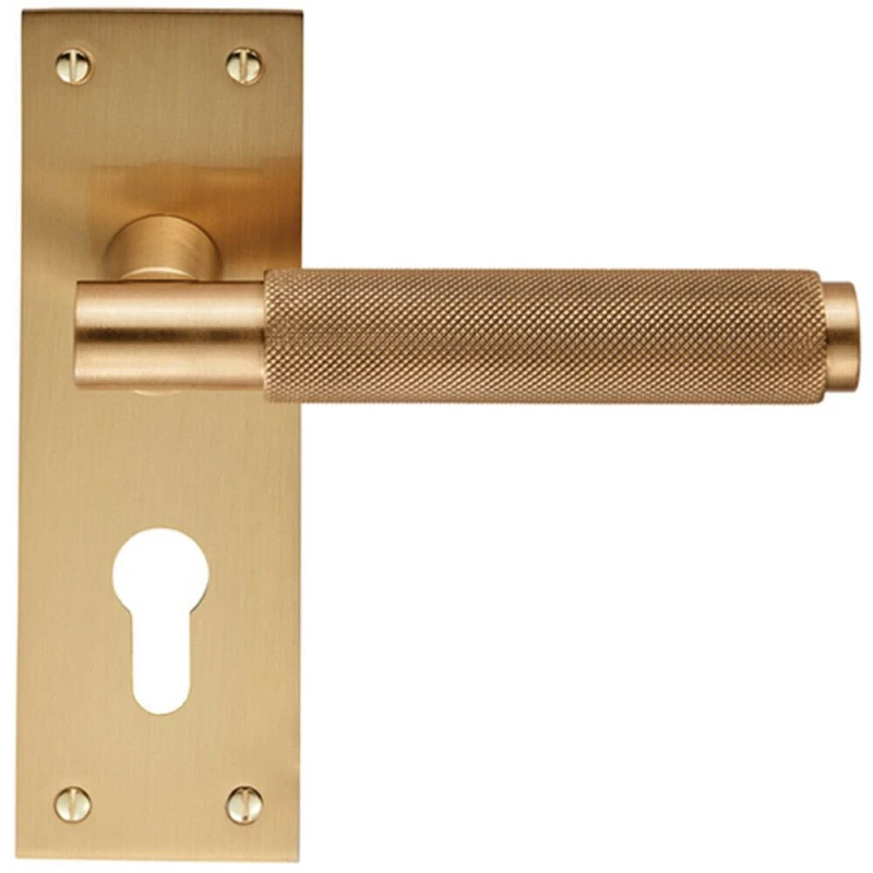 Image of Loops PAIR Knurled Round Handle on Slim Euro Lock Backplate 150 x 50mm Satin Brass Metallics