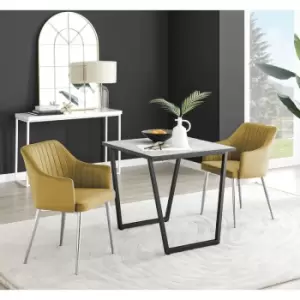 Image of Furniturebox Carson White Marble Effect Square Dining Table & 2 Mustard Calla Silver Leg Velvet Chairs