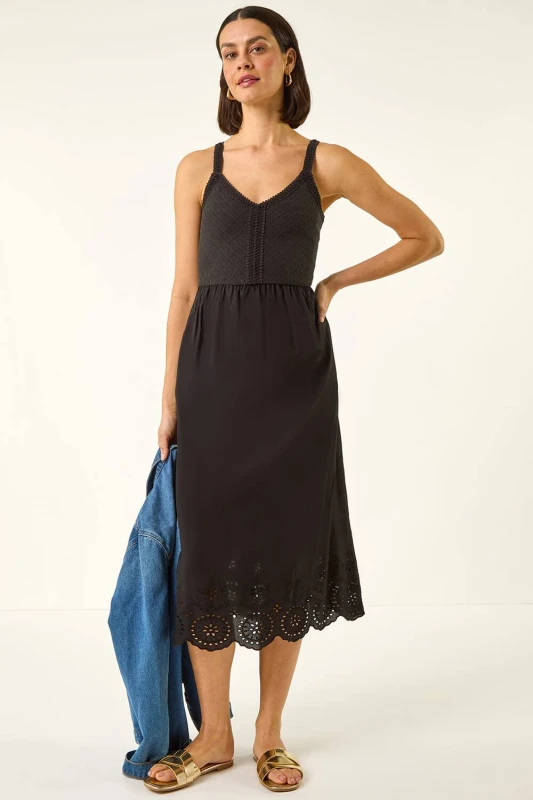 Image of Roman Womens Crochet Strappy Midi Dress in Black Size: 10 Black Female 10