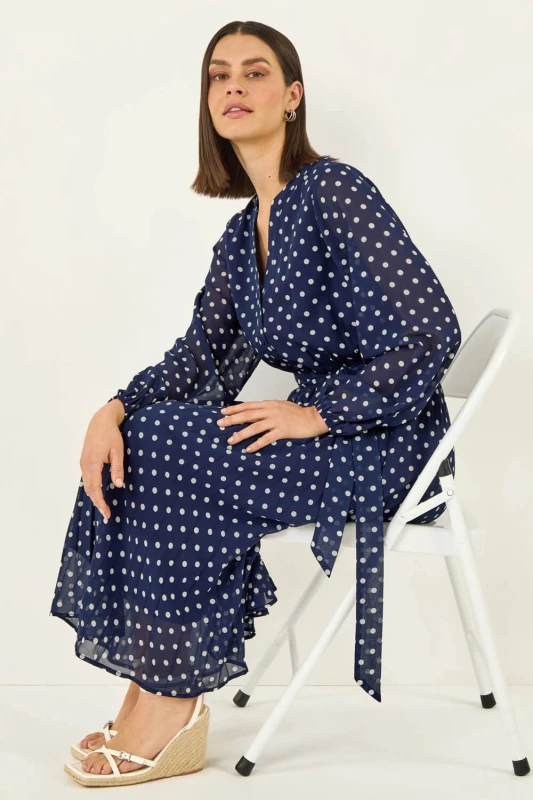 Image of Roman Womens Polka Dot Pleated Midi Dress in Navy Size: 12 Navy Female 12
