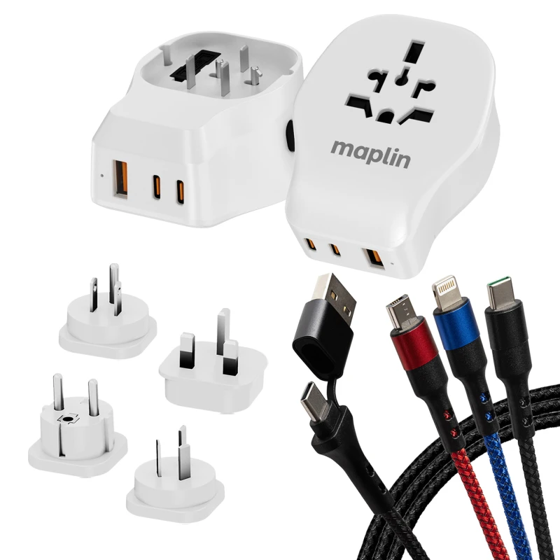 Image of Maplin Worldwide Travel Adapter + USB-A-USB-C/Lightning/Micro USB 3-in