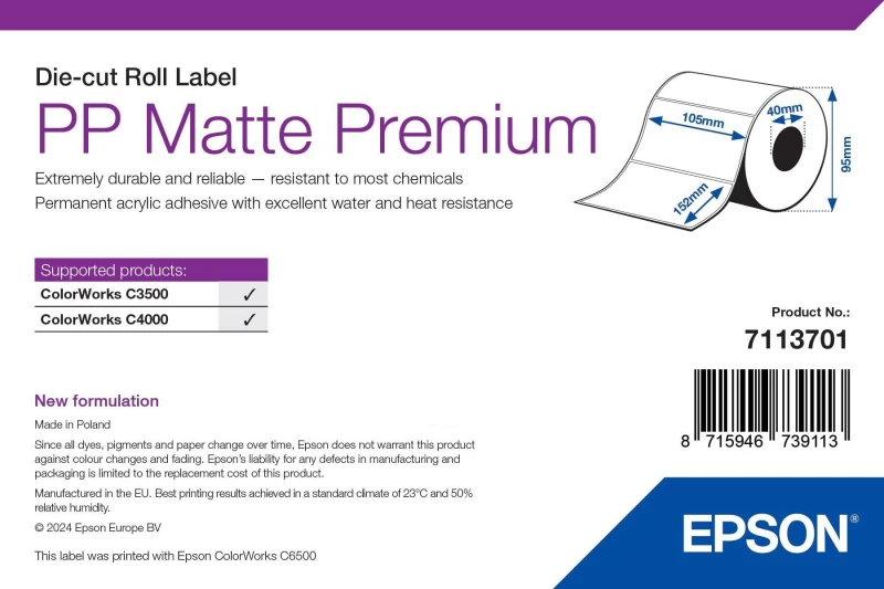 Image of Epson 7113701 Premium Matte White Die-Cut Label Roll 105mm x 152mm - 185 Labels (Original)