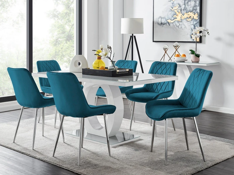 Image of FurnitureboxUK Giovani 6-Seater Grey Glass Dining Table & 6 Pesaro Soft Velvet Dining Chairs in Blue Blue Unisex