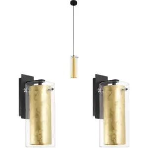 Image of Ceiling Pendant Light & 2x Matching Wall Lights Clear Glass & Gold Shade Lamp