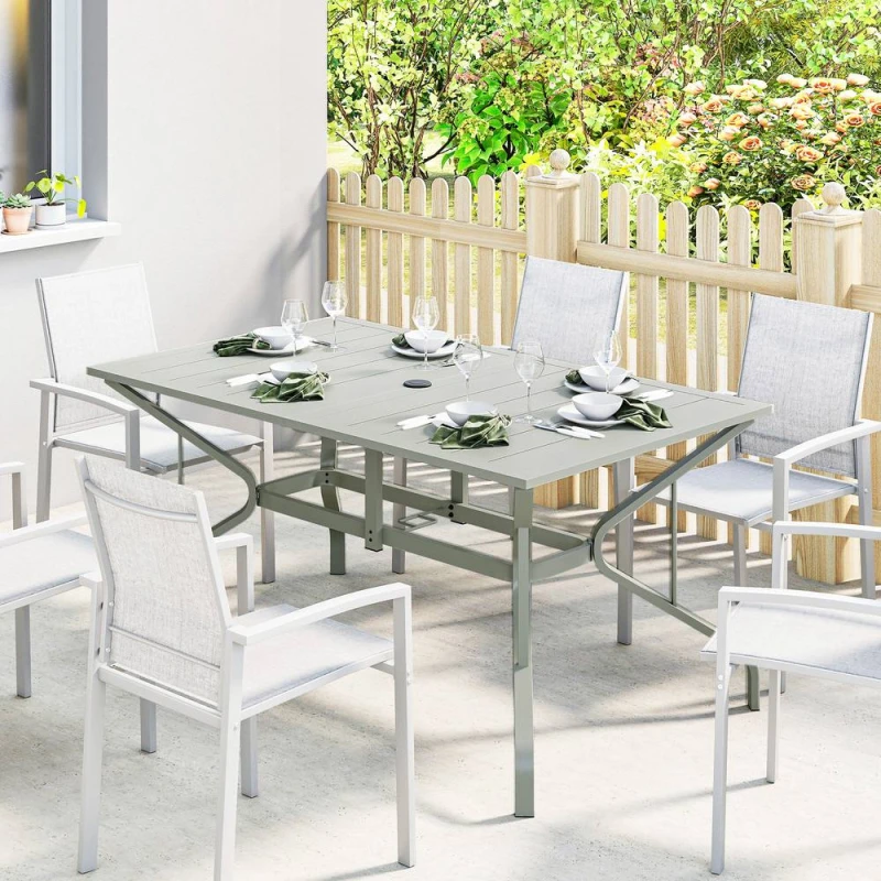 Image of OUTSUNNY Garden Dining Table with Steel Frame & Slatted Top, Light Grey Size: 150cm x 90cm Light Grey Unisex 150cm x 90 cm