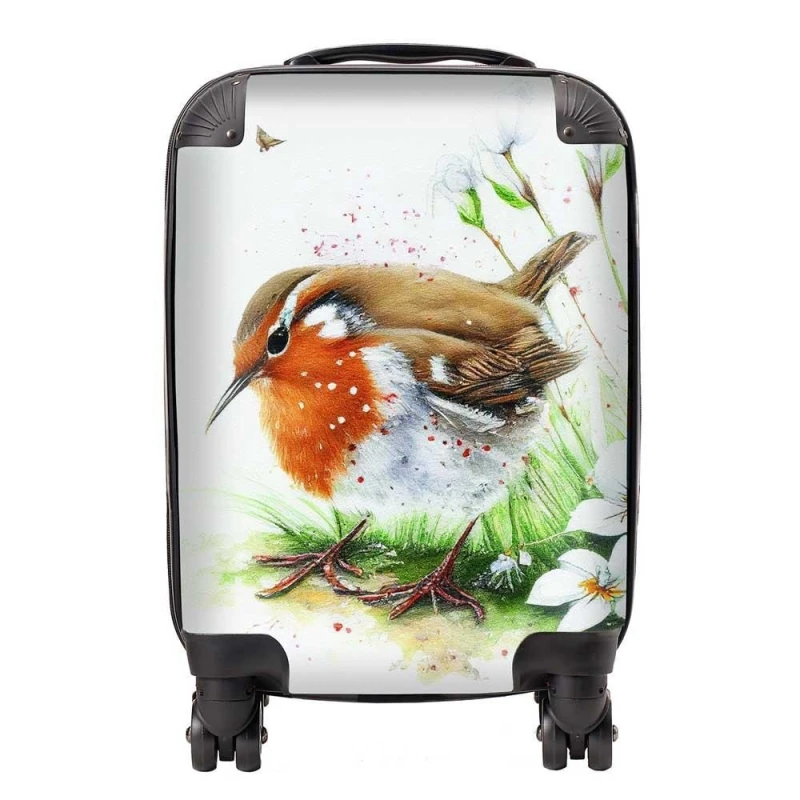 Image of Warren Reed - Designer Robin & Daisies Watercolour Suitcase in Brown Size: Small Brown Unisex Small