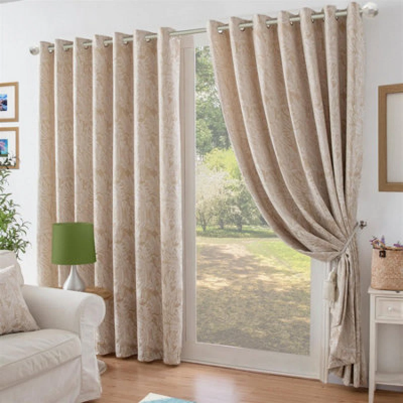 Image of Luxury Living Chenille Jacquard Lined Ring Top Eyelet Curtains Cream