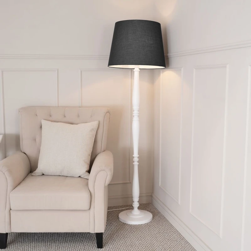 Image of ValueLights Victoria White Wood Traditional Stem Floor Lamp with Fabric Tapered Shade Black
