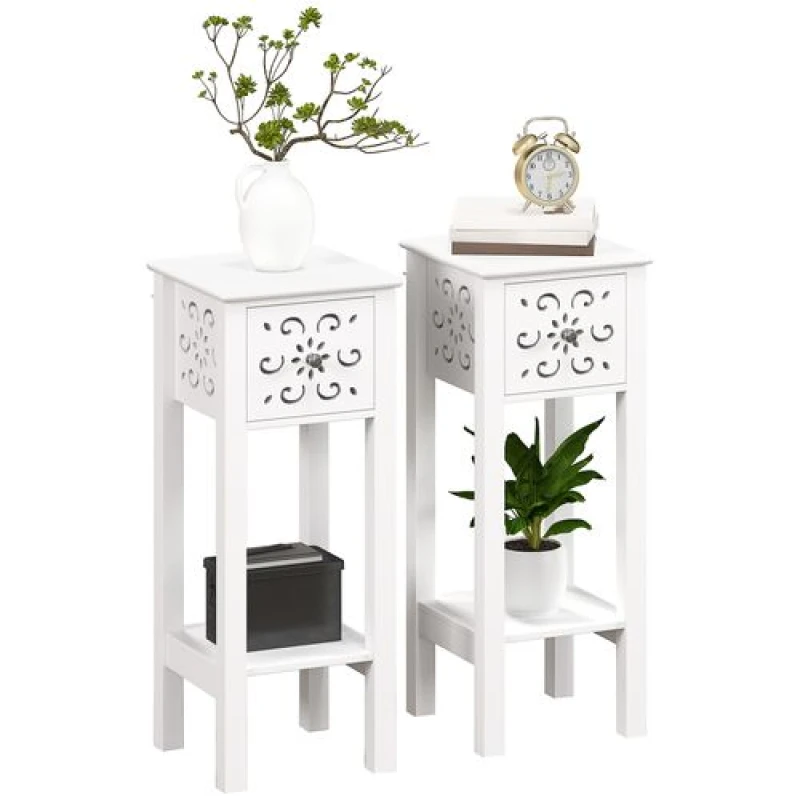 Image of HOMCOM Bedside Table Set, End Table Set with Drawer and Storage Shelf, White White