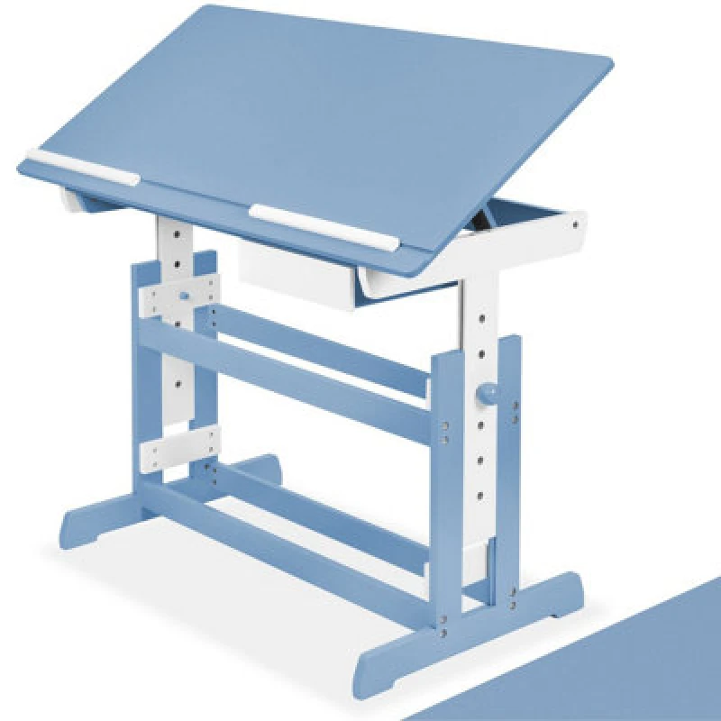 Image of Tectake Desk - For Children, Wooden, Tiltable Tabletop, 7 Height Settings, With Drawer 109cm - Blue