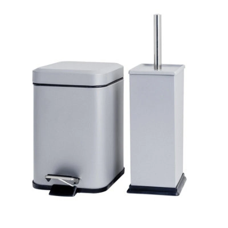Image of Harbour Housewares Bathroom Bin & Toilet Brush Set - 3L - Matt Grey - Square Stainless Steel Slim Trashcan Rubbish Bin & Brush