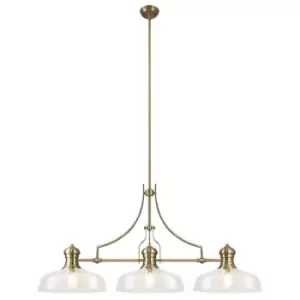 Image of Linear Ceiling Pendant With 38cm Flat Round Shade, 3 x E27, Antique Brass, Clear Glass - Luminosa Lighting