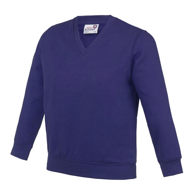 Image of AWDis Academy V Neck School Jumper Sweatshirt in Purple Size: 3-4 Years Purple Unisex 3-4 Years