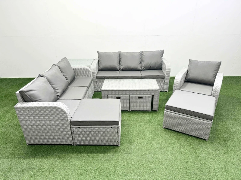 Image of Fimous PE Rattan 3 Seater Sofa Reclining Chair Set with Footstool Side Table in Light Grey Light Grey Unisex