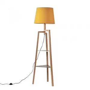 Image of Towa Light Wood Tripod Floor Lamp with Shelves and XL Mustard Aspen Sh
