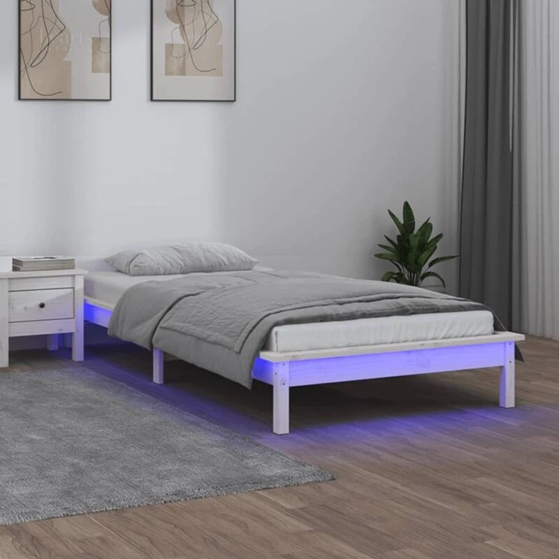 Image of vidaXL LED Bed Frame White 100x200cm Solid Wood, White 820597