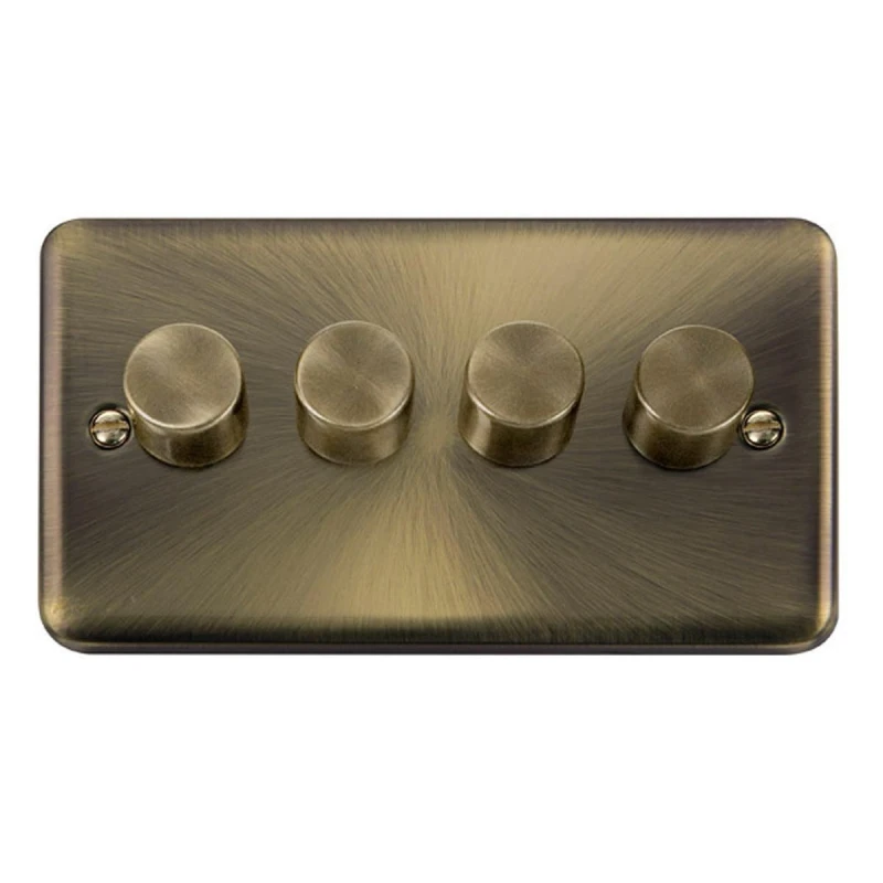 Image of SE Home Curved Antique Brass 4 Gang 2 Way LED 100W Trailing Edge Dimmer Light Switch. Gold