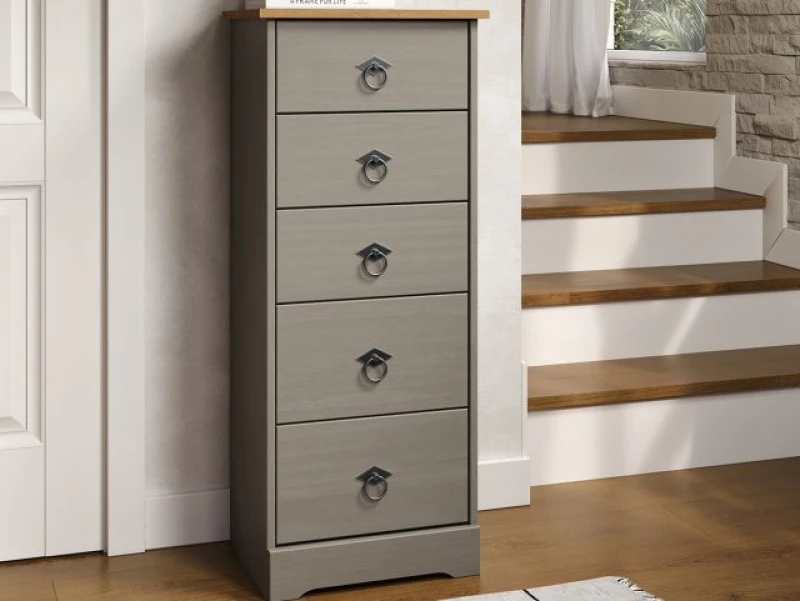 Image of Core Corona Compact Grey and Waxed Pine 5 Drawer Narrow Chest of Drawers
