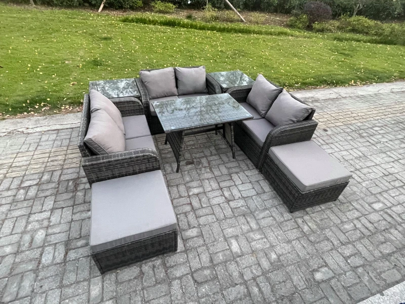 Image of Fimous Outdoor Rattan Garden Furniture Set 8 Seater Patio Love Sofa Set with Rectangular Dining Table 2 Big Footstool 2 Side Tables Dark Grey