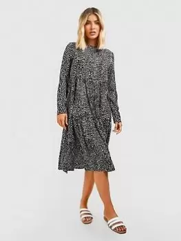 Image of Boohoo Polka Dot Smock Dress - Black, Size 10, Women
