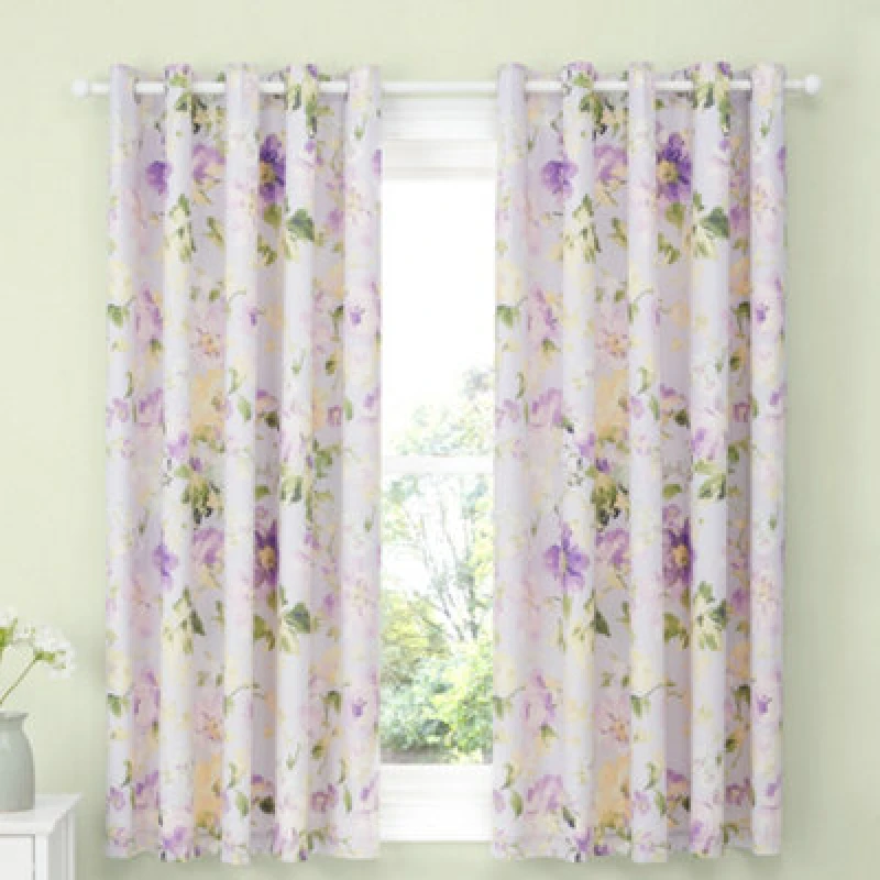 Image of Dreams & Drapes Florette Hand Painted Floral Print Light Filtering Lilac Eyelet Curtains