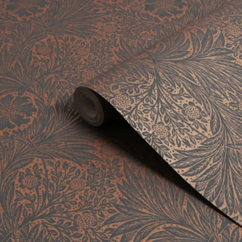 Image of William Morris Gallery Collection Fibrous Charcoal Marigold Metallic Effect Smooth Wallpaper
